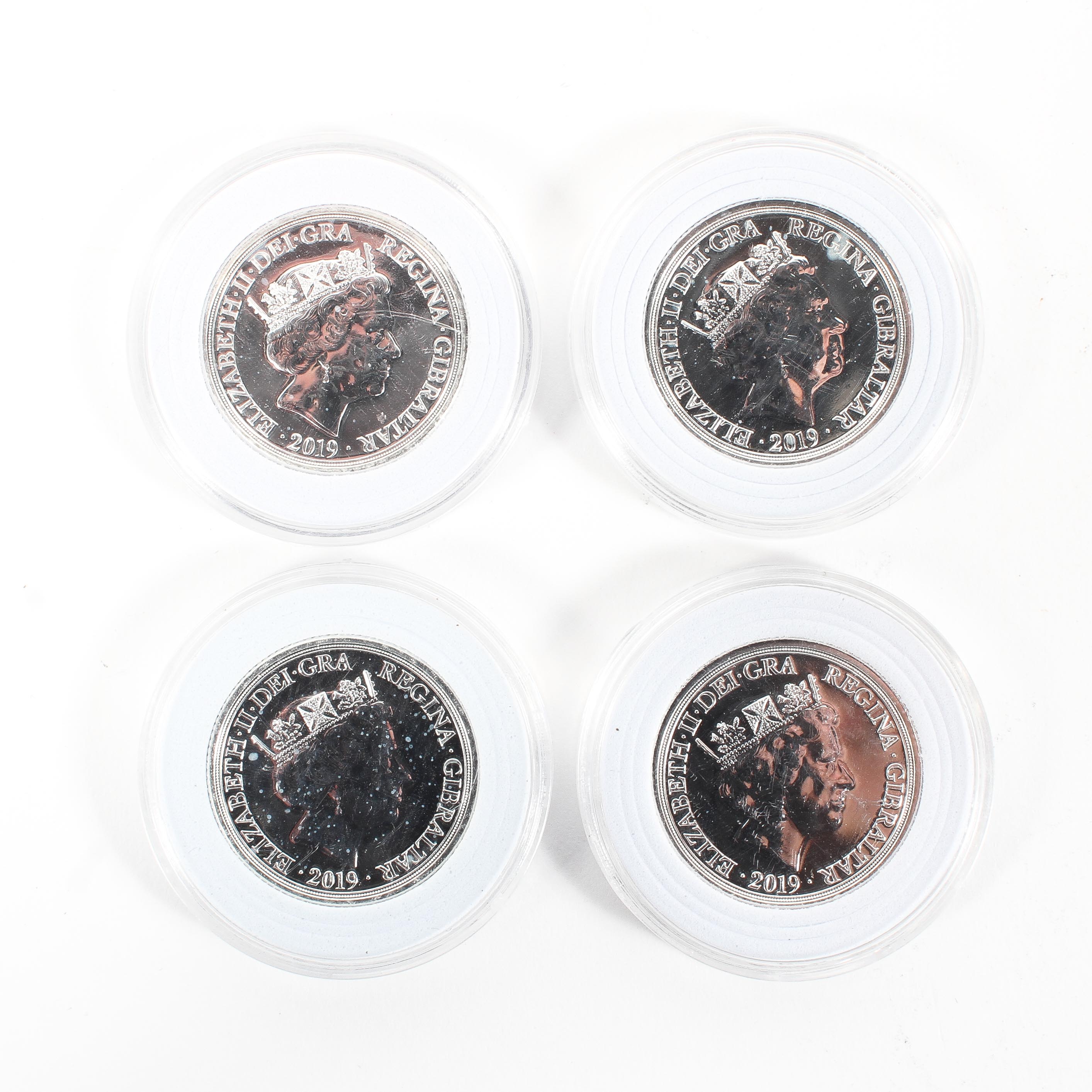 Four silver proof Elizabeth II Gibraltar Sovereign coins. Dated 2019, .999 grade silver, each 7.