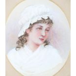 Kate Harris (late 19th century School), a portrait of a girl in a lace cap, watercolour.