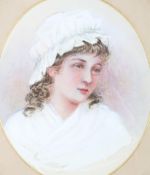 Kate Harris (late 19th century School), a portrait of a girl in a lace cap, watercolour.