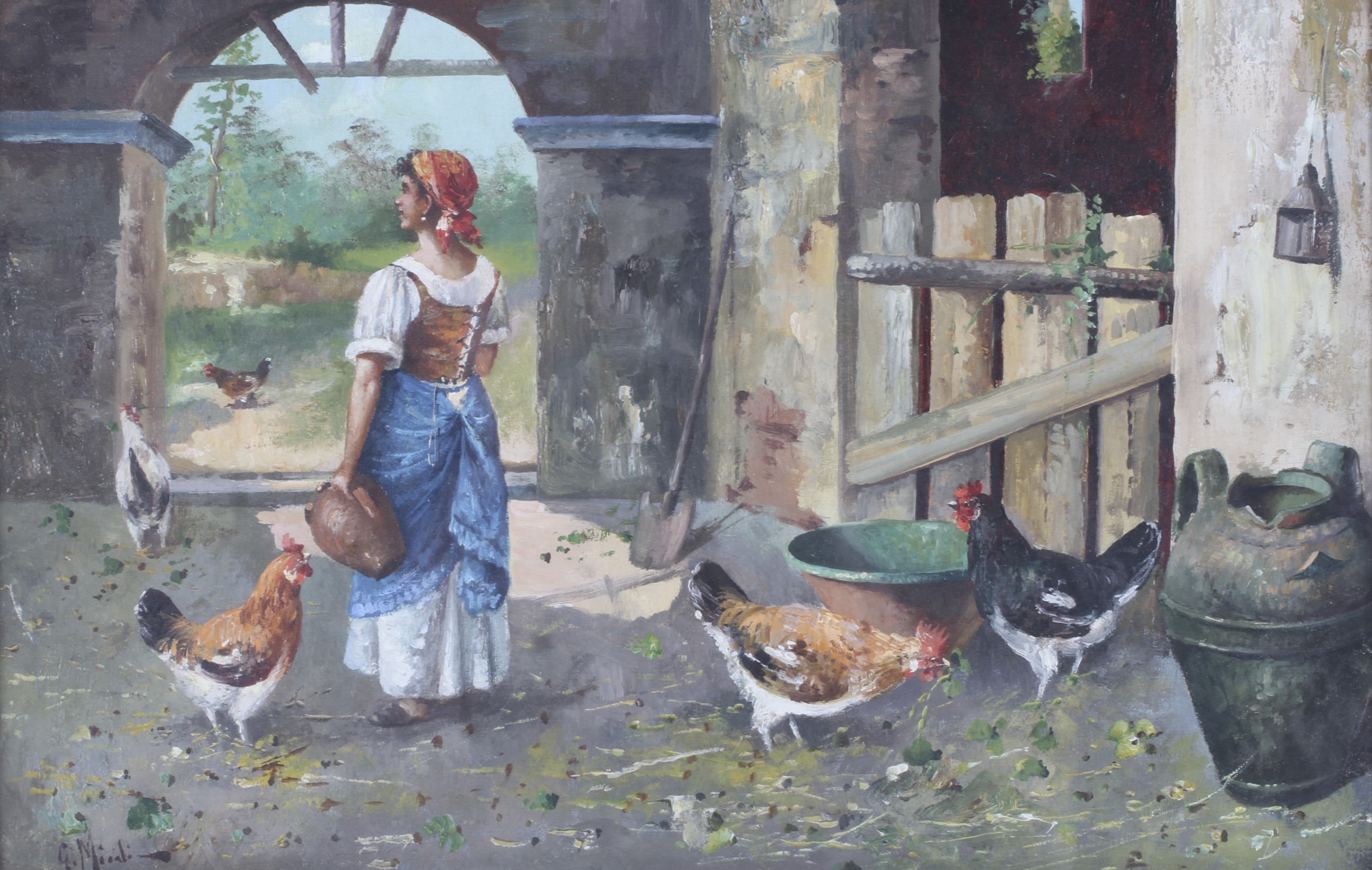Late 19th/Early 20th Century Continental School, Farm Girl Feeding Chickens in a Barn,