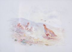 James Stinton (1870-1961), Partridges in Moorland Landscape, watercolour and gouache.