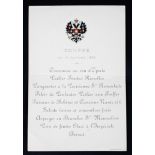 A Nicholas II Emperor of Russia Imperial Russia printed supper menu card.