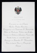 A Nicholas II Emperor of Russia Imperial Russia printed supper menu card.