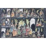 An Indian picture on cotton, depicting deities and figures in temples and gardens.