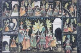 An Indian picture on cotton, depicting deities and figures in temples and gardens.