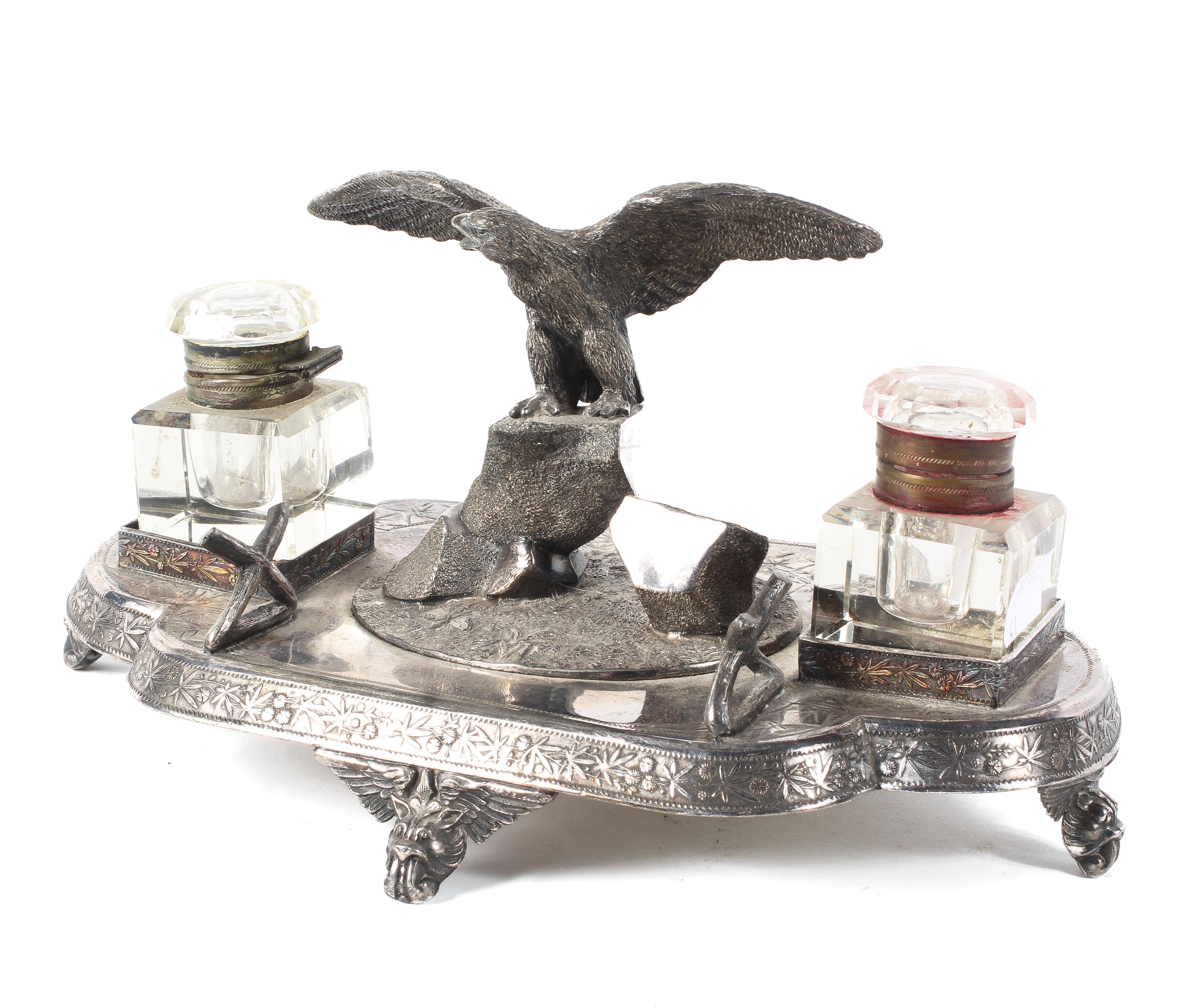 A Victorian silver-plated (James Deakin & Sons) inkstand and inkwells.