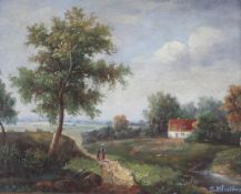 S Biuttne, 20th Century School, landscape with figures before a cottage, oil on canvas.