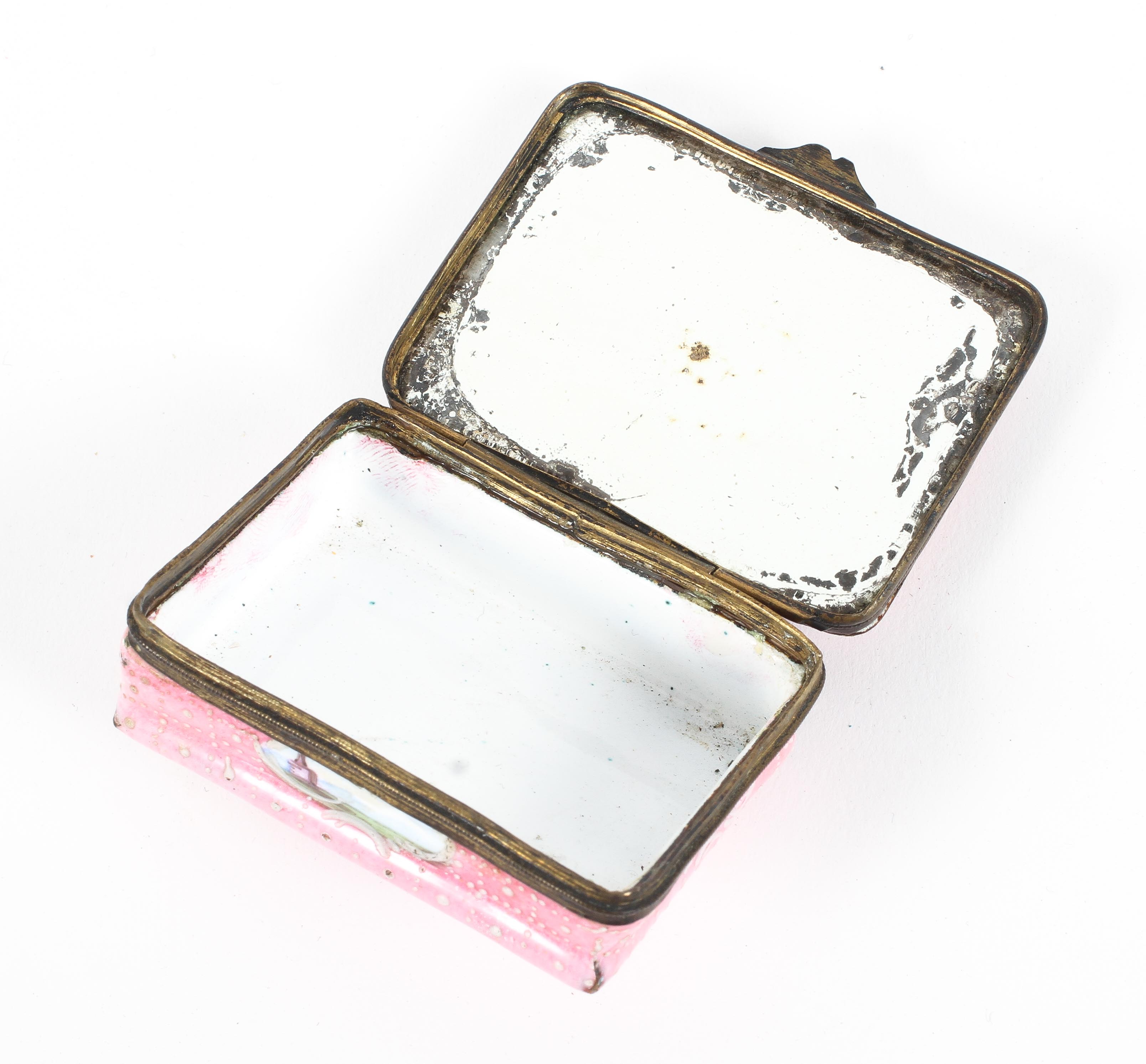 A Staffordshire enamel pink ground patch box, late 18th/early 19th century. - Image 2 of 2