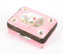 A Staffordshire enamel pink ground patch box, late 18th/early 19th century.