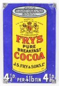 A Frys Pur Breakfast Cocoa enamel sign, early 20h century. With a blue ground, pierced, 26.5cm x 17.
