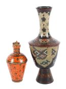 A Japanese cloisonne (Meiji) enamel vase and a small Persian style orange ground vase and cover.