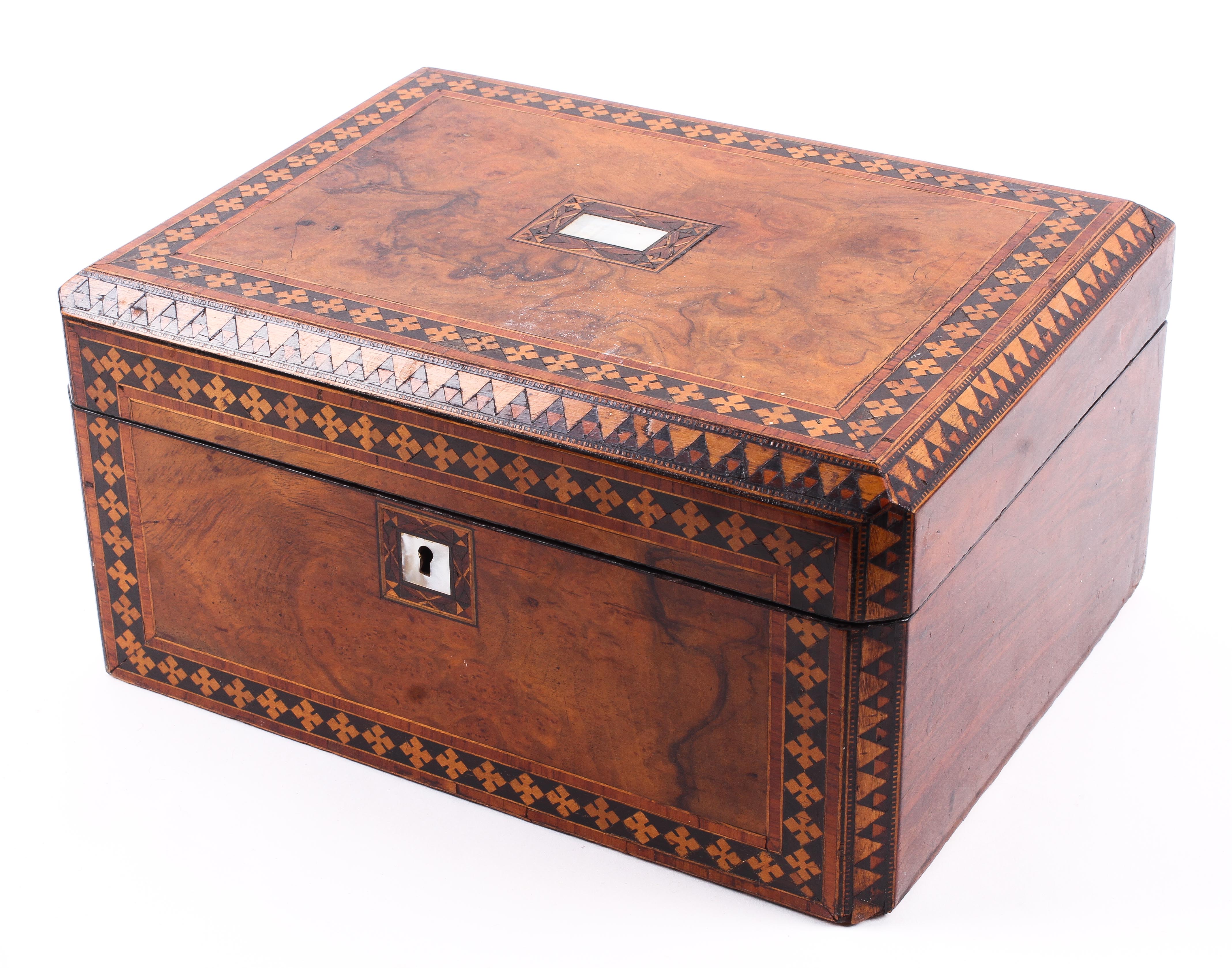 A 19th century Tunbridge ware walnut sewing box.