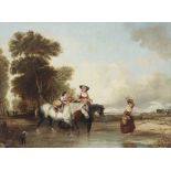 19th century School, Figures on Horseback in Wooded River Landscape.