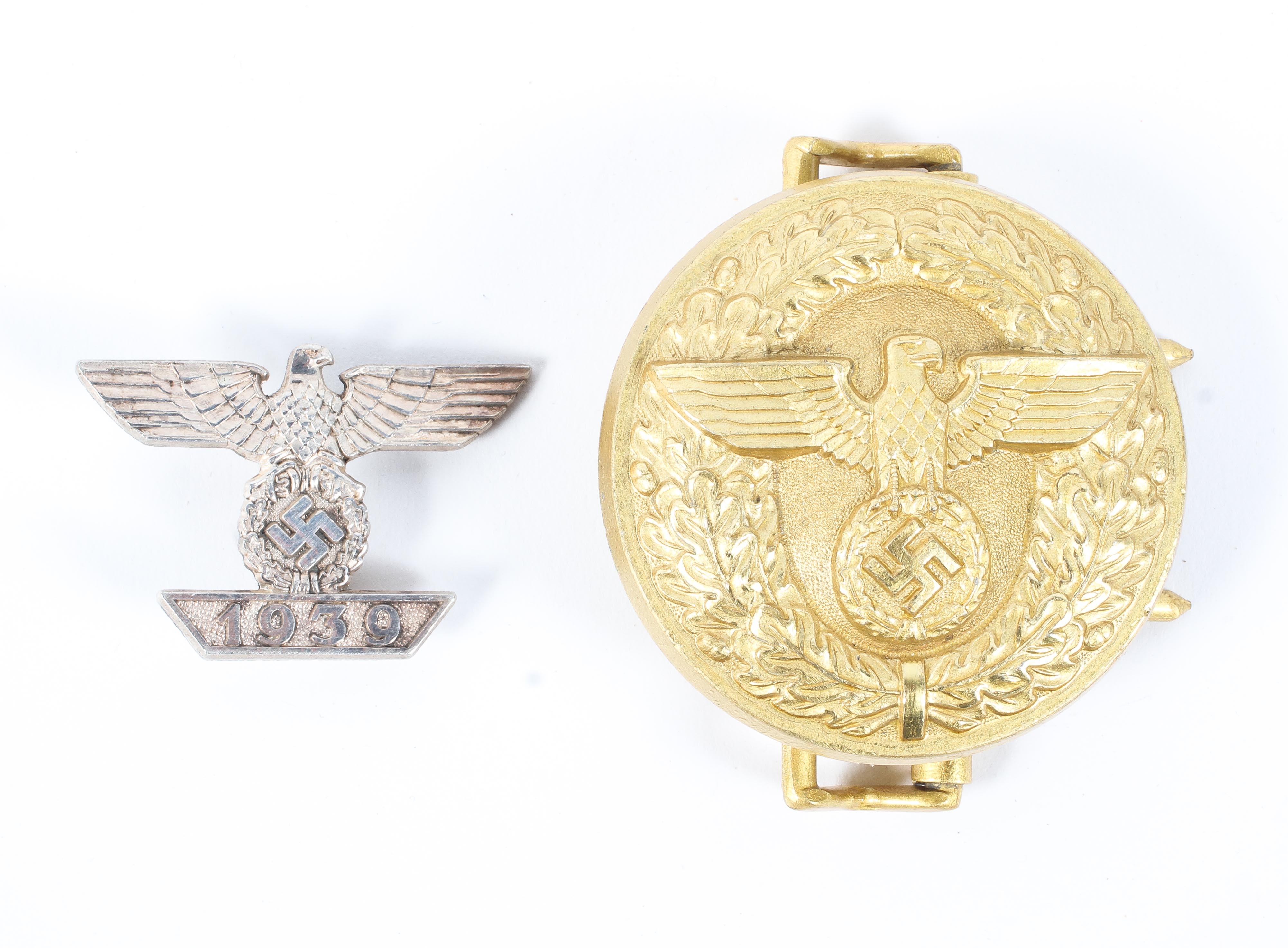 A German Third Reich political leaders belt buckle by Friedrich Linden, Lüdenscheid and a lapel pin.