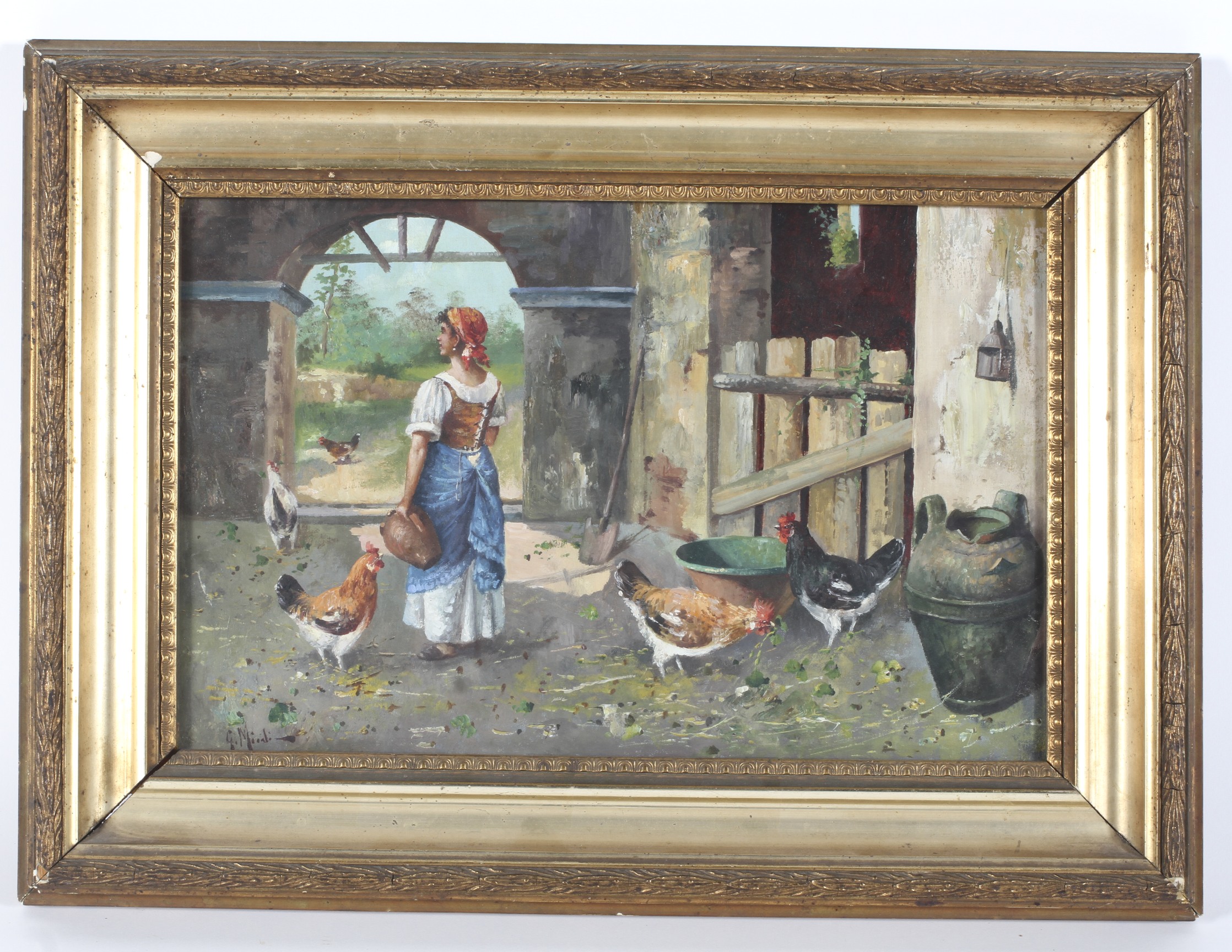 Late 19th/Early 20th Century Continental School, Farm Girl Feeding Chickens in a Barn, - Image 2 of 4