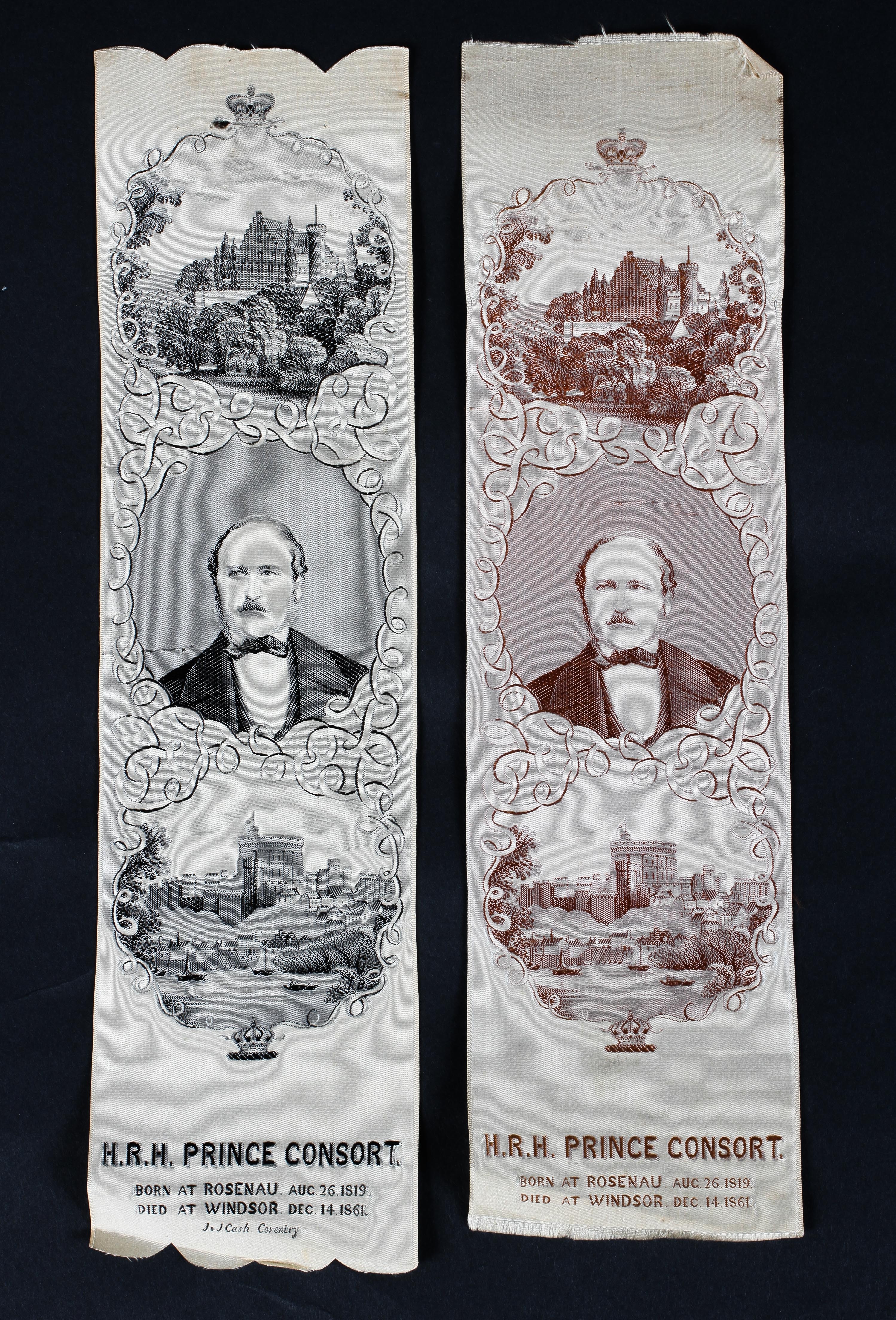 Two woven silk bookmarks by J & J Cash mourning Prince Albert.