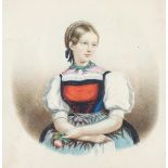 19th Century School, portrait of girl holding a pink rose, watercolour and gouache.