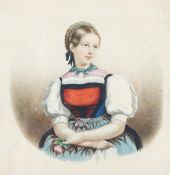 19th Century School, portrait of girl holding a pink rose, watercolour and gouache.