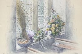 Colin Newman (born 1923), still life of fruits and flowers, titled Harvest Window,