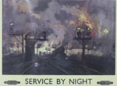 A framed vintage British Railways poster titled Service by Night, after David Shepherd.