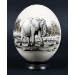 A hand painted ostrich egg, depicting an elephant cow. Signed HUGH 1996, mounted on a stand, approx.