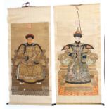 A pair of Chinese scrolls printed and hand coloured with the Qianlong Emperor and Empress.