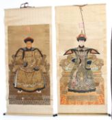 A pair of Chinese scrolls printed and hand coloured with the Qianlong Emperor and Empress.