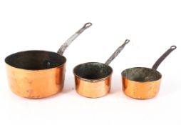 Three 19th century iron handled copper pans,
