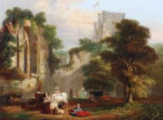 19th Century School, figures and livestock in ruined landscape, oil on canvas.