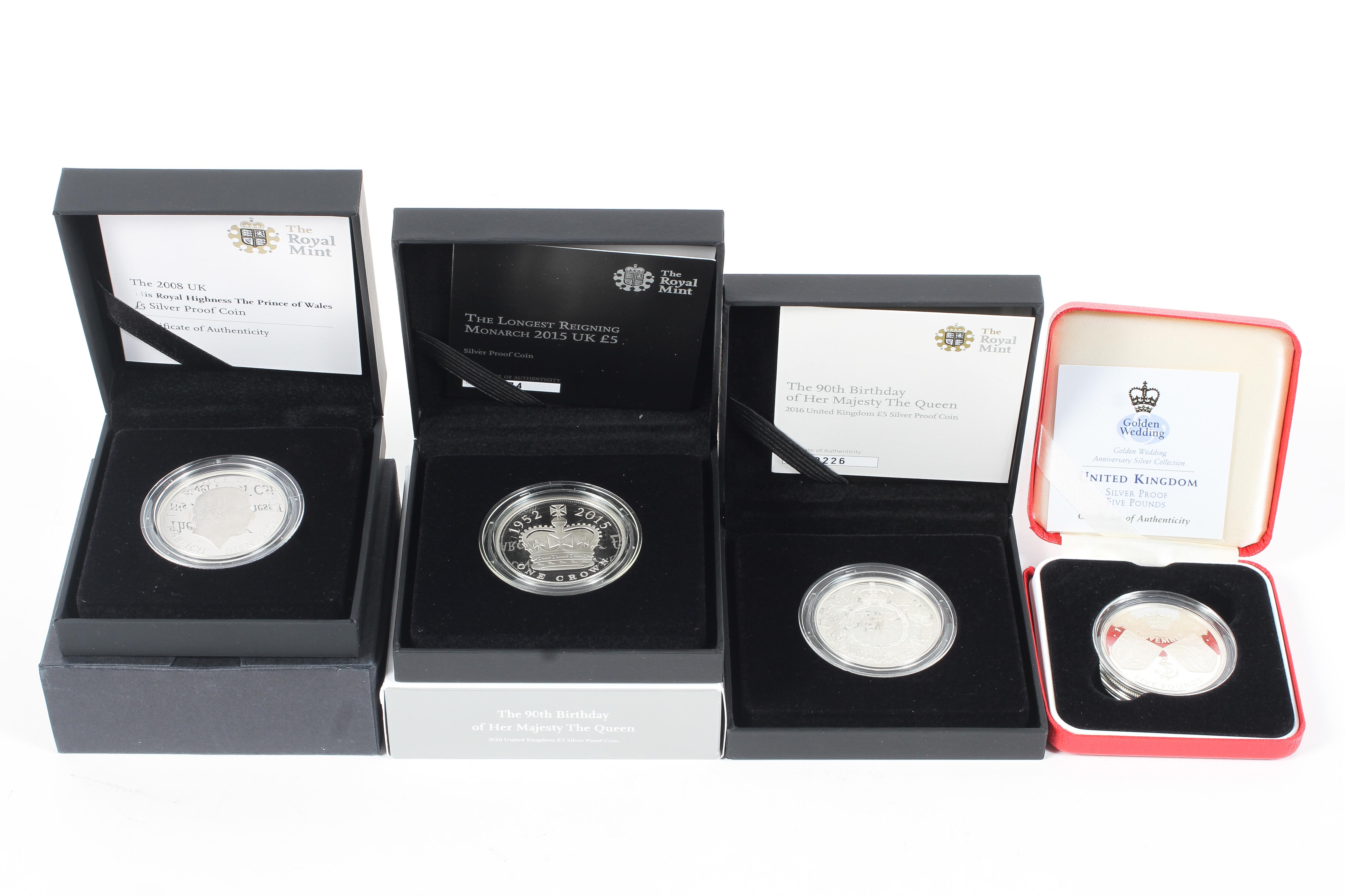 Four silver proof £5 coins, comprising: 1997, 2008, 2015, 2016,