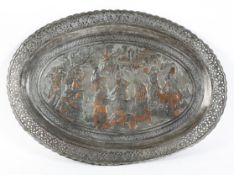 A copper and white metal pierced oval Persian tray.