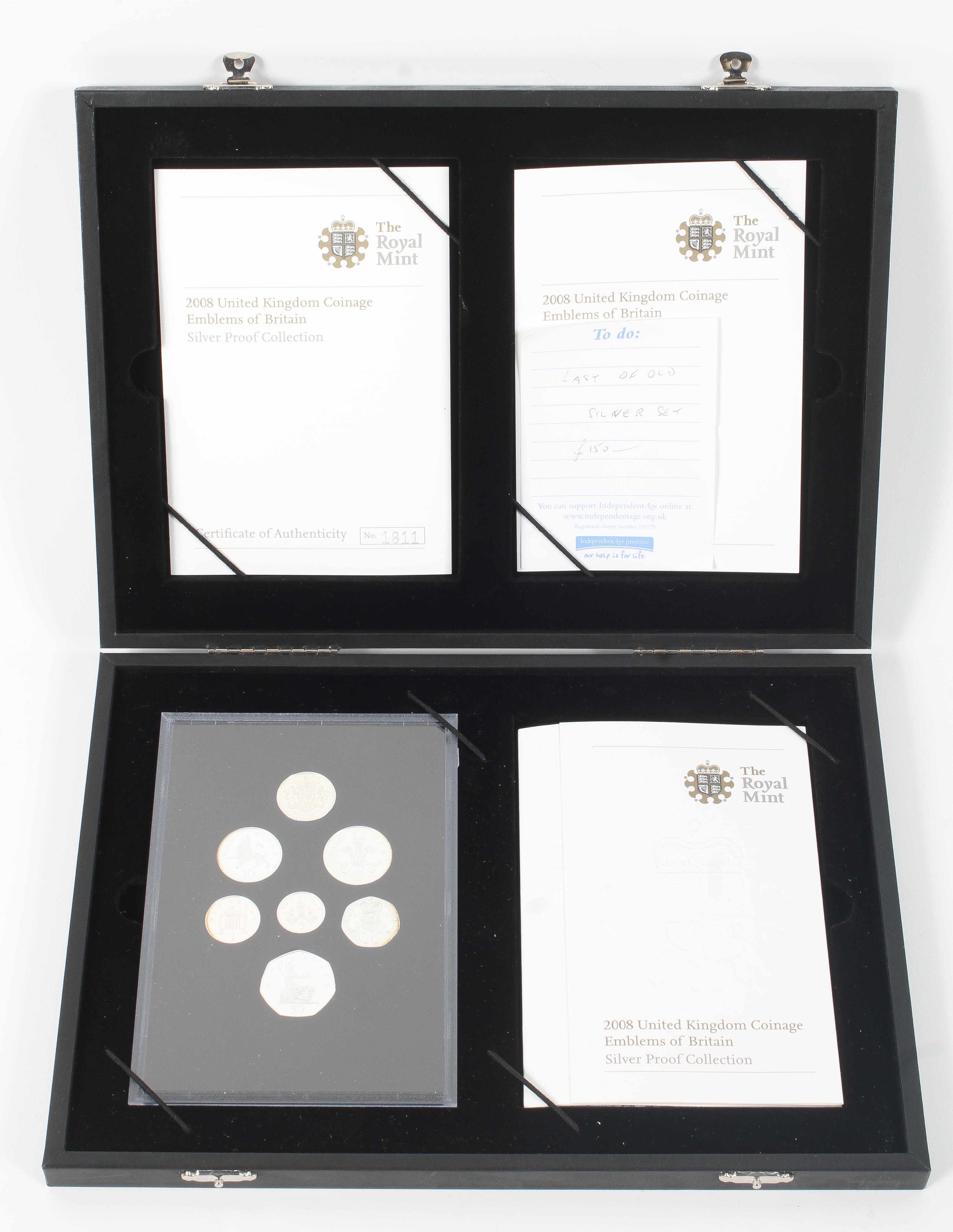 A 2008 silver proof collection of Emblems of Britain with seven coins, boxed.