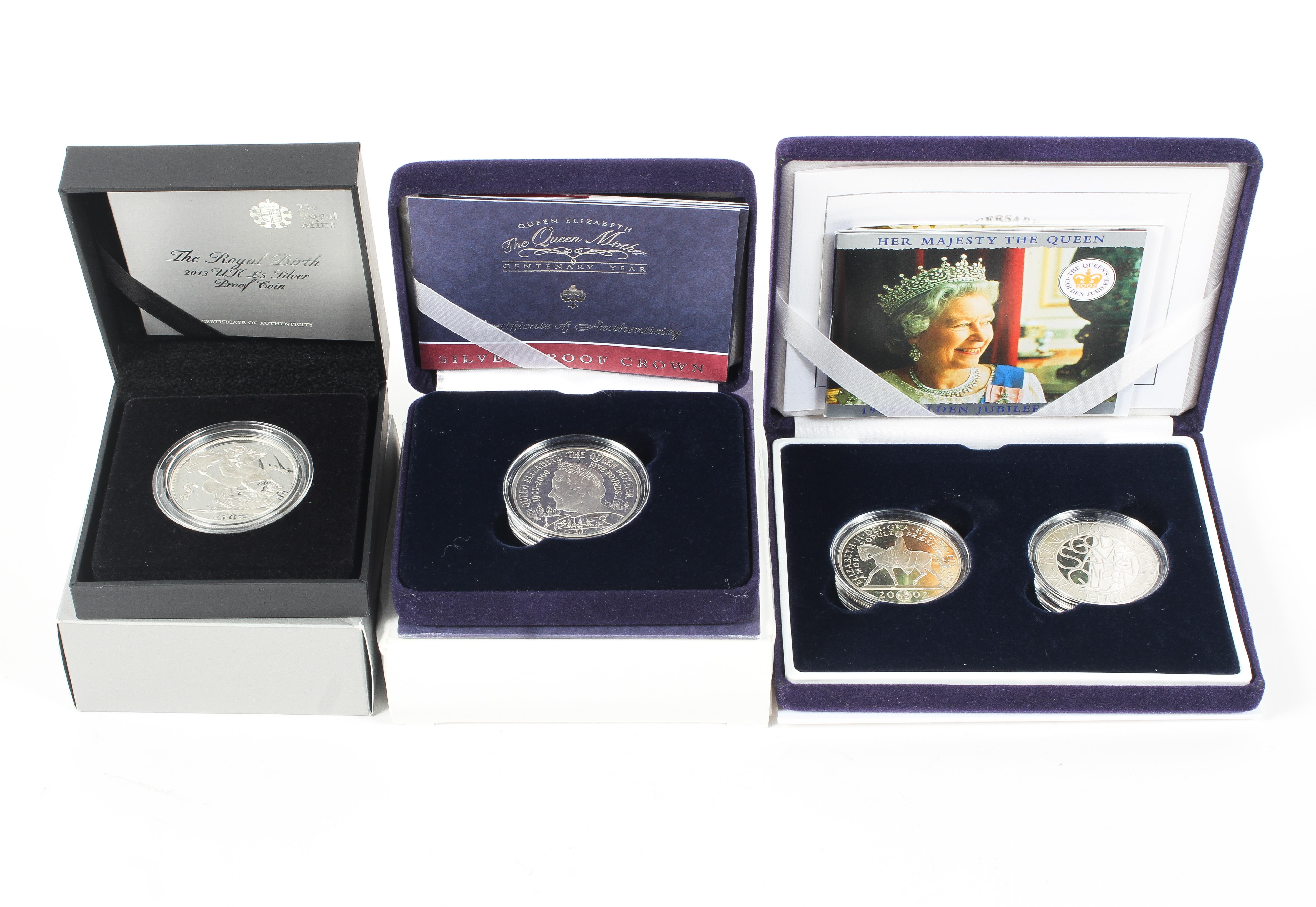 Four silver proof £5 coins 2000, 2002, 2003 & 2013. Each boxed with certificates.
