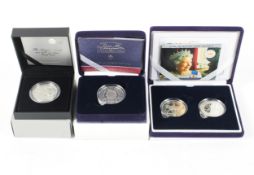 Four silver proof £5 coins 2000, 2002, 2003 & 2013. Each boxed with certificates.