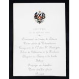 A Nicholas II Emperor of Russia Imperial Russia printed supper menu card.