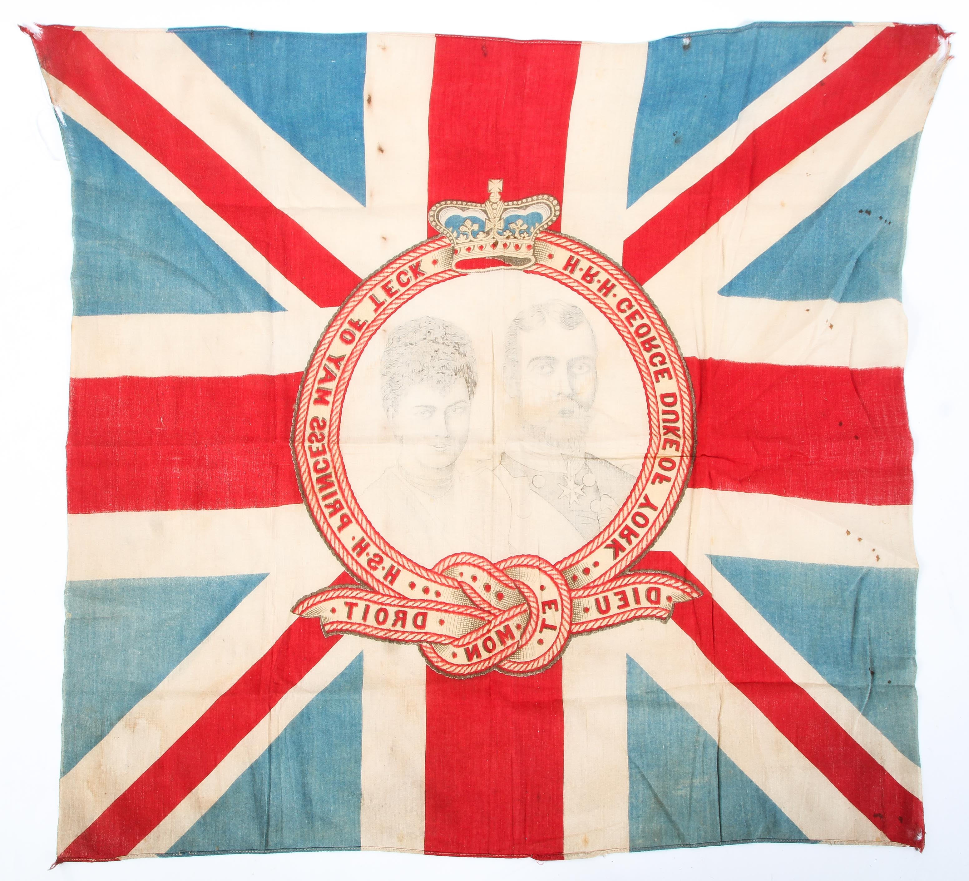 An antique commemorative flag. The central cartouche printed with the words 'H.R.H.