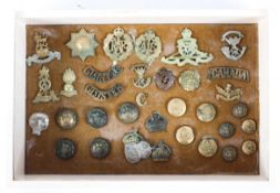 A collection of military cap badges and buttons. Including Royal Scots, RAF, etc, mounted in frame.