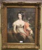 A 1908 Royal Exhibition print of a seated woman holding a pink hat. 39.5cm x 49.