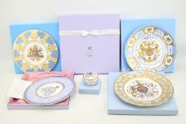 Five limited edition Royal Collection commemorative plates and a lidded pot.