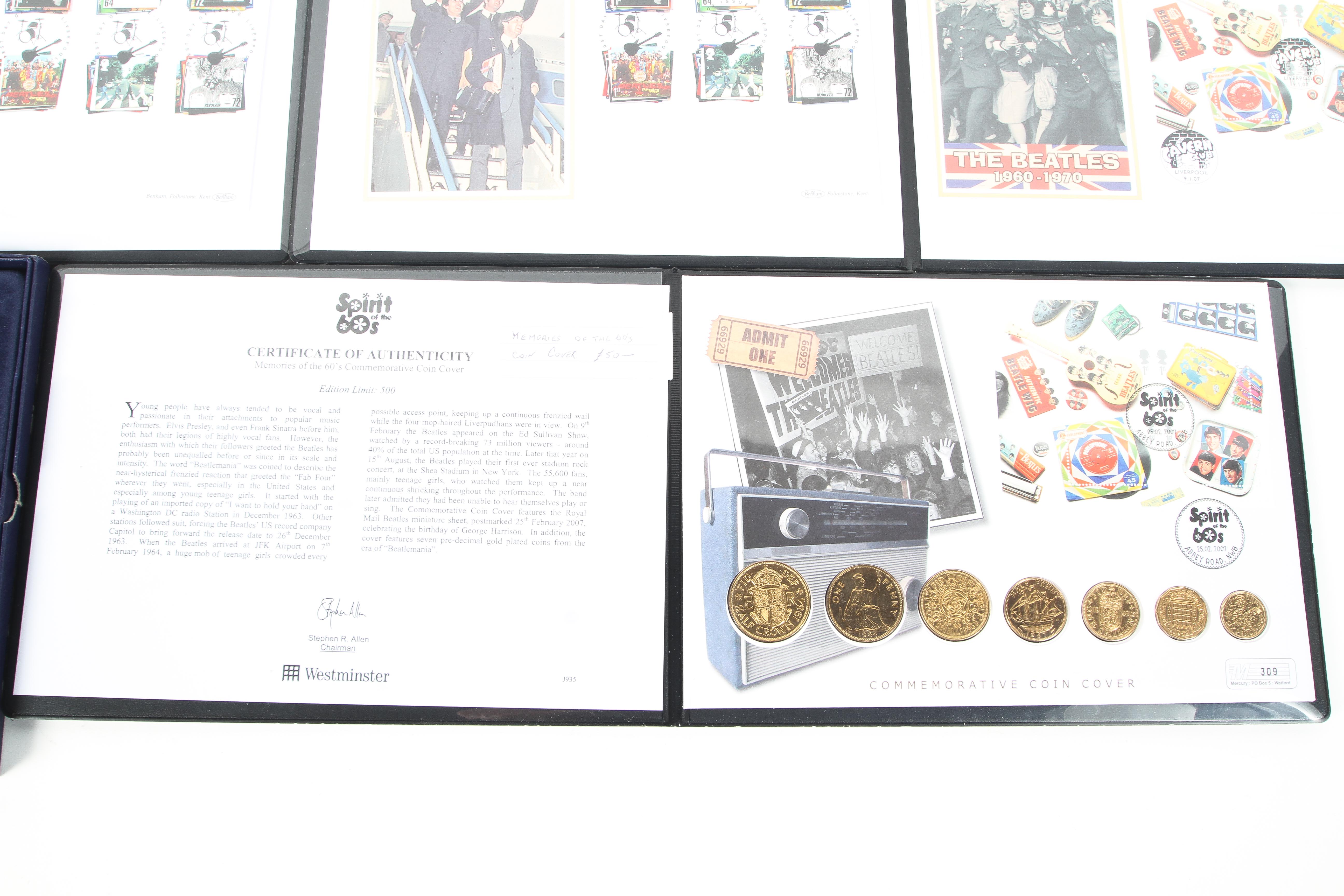 A Memories of the 60s Beatles covers, 2 stamp covers, 6 large gold plated coins, - Image 4 of 5