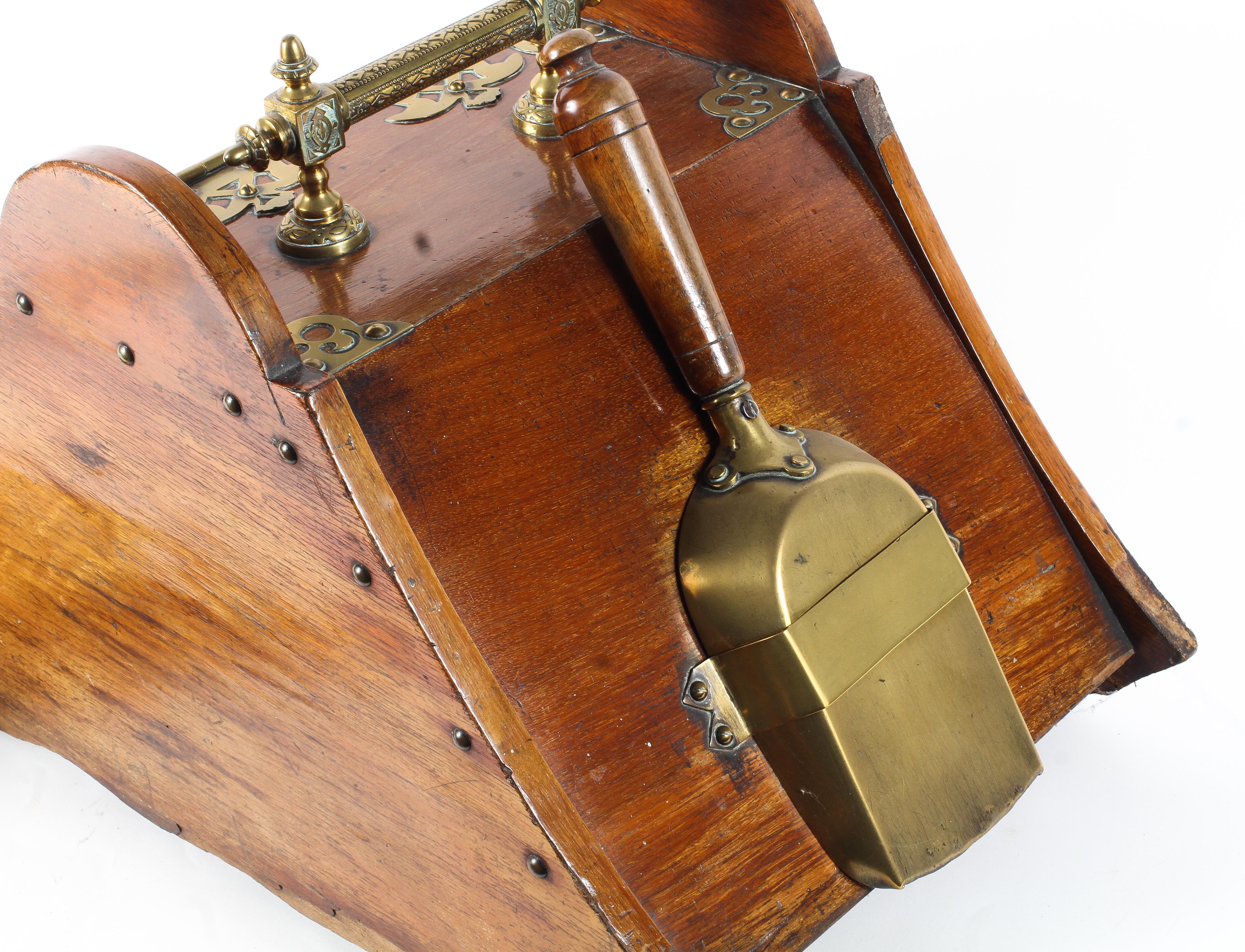 A Victorian brass mounted mahogany coal scuttle and bellows. - Image 3 of 5