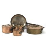 Four copper Mauyiel pans and a saucepan. One with a double handle, largest diam.