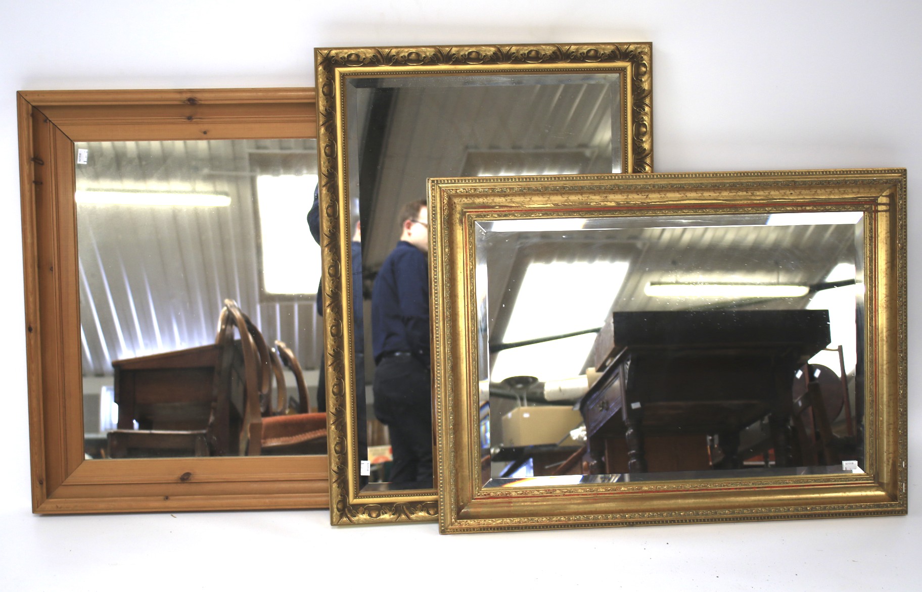 Two bevelled edge gilt framed mirrors and a pine framed mirror. Largest 77.