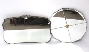 Two Art Deco bevelled edge mirrors. One of geometric form, diam.