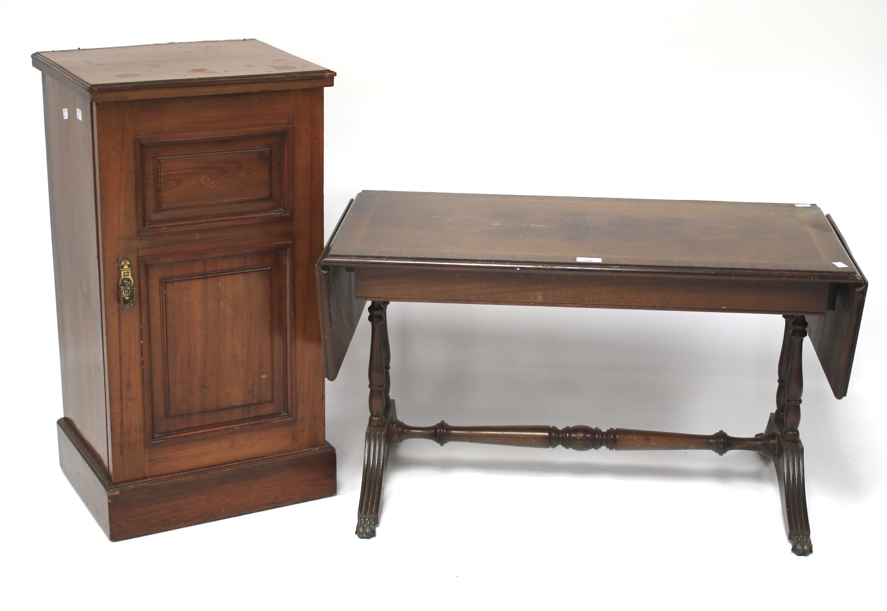 A mahogany pot cupboard and a drop leaf coffee table.