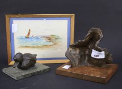 Two contemporary sculptures and a watercolour. One bronze sculpture L13.