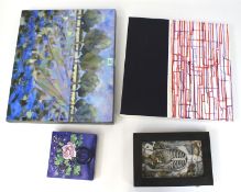 Three contemporary acrylics on canvases. Including a still life by Rachel Fear, 20.5cm x 20.