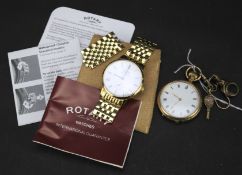 A boxed Rotary Les Originales gilt wristwatch and a gilt cased pocket watch.