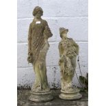 Two composite stone garden figures in the form of a girl with a vase and a boy with a parasol.