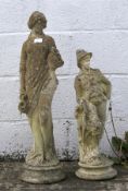 Two composite stone garden figures in the form of a girl with a vase and a boy with a parasol.